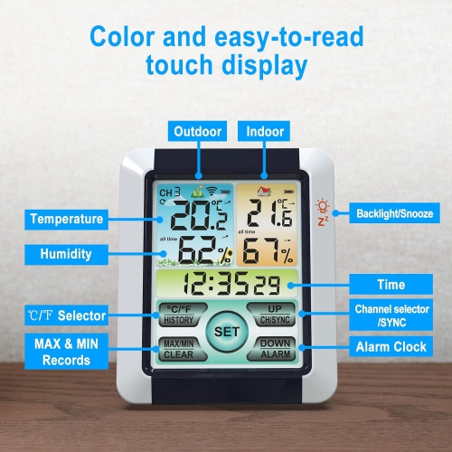 Thermomètre et hygromètre intérieur et extérieur sans fil, horloge météo à écran couleur LEDC, capteur étanche IPX4, alarme et mémoire max/min,