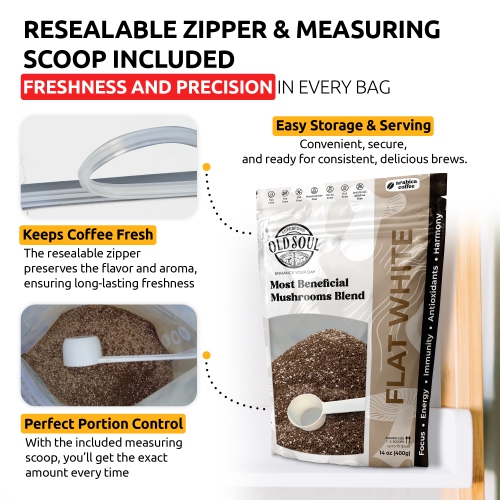 OS-MFW05 Mushroom Flat White Blend | 7-Mushroom Formula | Arabica Coffee | Energy, Focus, Immunity | 14 oz