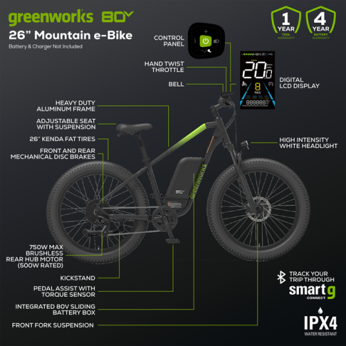 Greenworks 80V 750W Max Brushless Rear Hub Motor VENTURE Series 26” Fat Tire Electric Mountain Bike with Max Speed 20MPH, Tool Only