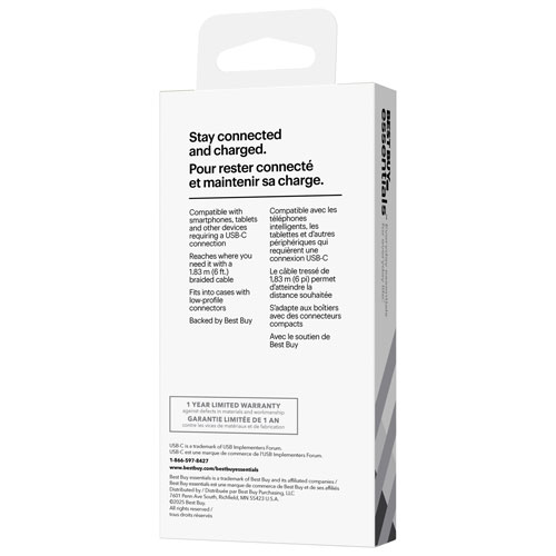 Câble tissé USB-C de 1,8 m (5,9 pi) de Best Buy Essentials (BE-MCA6CCB-C) - Noir - Exclusivité Best Buy