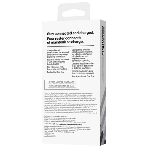 Best Buy Essentials 1.8m (5.9 ft.) Braided USB-C to Lightning Cable (BE-MCA6CLW-C) - Only at Best Buy