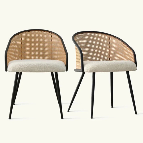KOSSMAI Set of 2 Armchair Dining Side Chair with Fabric Seat and Rattan Curved Back, Metal Legs and Adjustable Feet for Living Room, Dining Room,