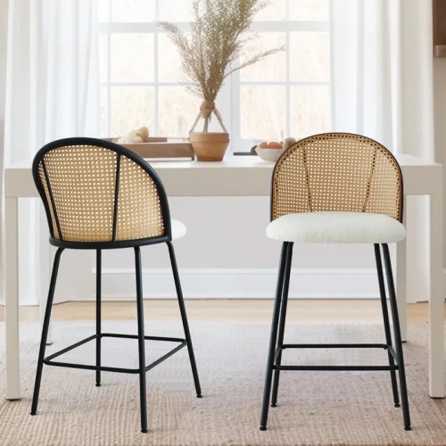 KOSSMAI Set of 2 Armless Counter Bar Stool Chair with Fabric Seat and Rattan Curved Back, Metal Legs and Adjustable Feet for Kitchen, Dining Room,