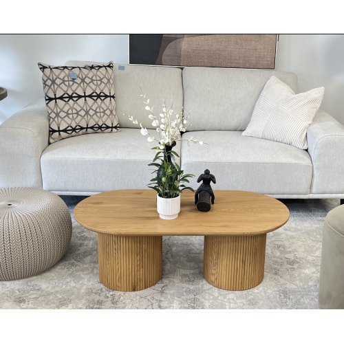 KOSSMAI Modern Oval Coffee Table with Fluted Double Pedestal Base, 39.4” Wide Low Coffee Table for Living Room, Contemporary Accent Table