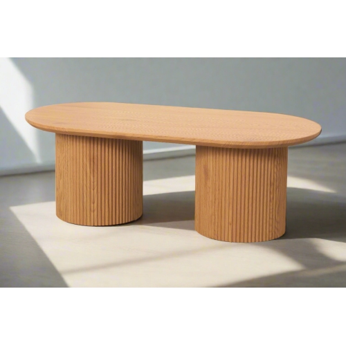 KOSSMAI Modern Oval Coffee Table with Fluted Double Pedestal Base, 39.4” Wide Low Coffee Table for Living Room, Contemporary Accent Table