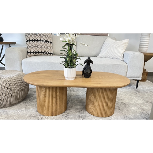 KOSSMAI Modern Oval Coffee Table with Fluted Double Pedestal Base, 39.4” Wide Low Coffee Table for Living Room, Contemporary Accent Table