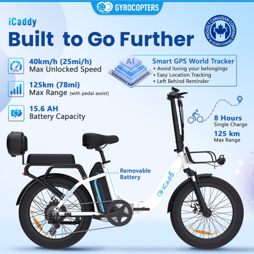 Gyrocopters iCaddy Foldable Adults Electric Cargo Bike with Basket | UL 2849 | 650W Peak Brushless DC Motor | Up to 125 km PAS Range | Speed Up to 40