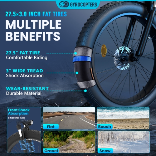 Vélo électrique de montagne à gros pneus ZEIL de Gyrocopters pour adultes avec moteur 500&nbsp;W | Pneus 27.5* 3” | Vitesse jusqu'à 40&nbsp;km/h |