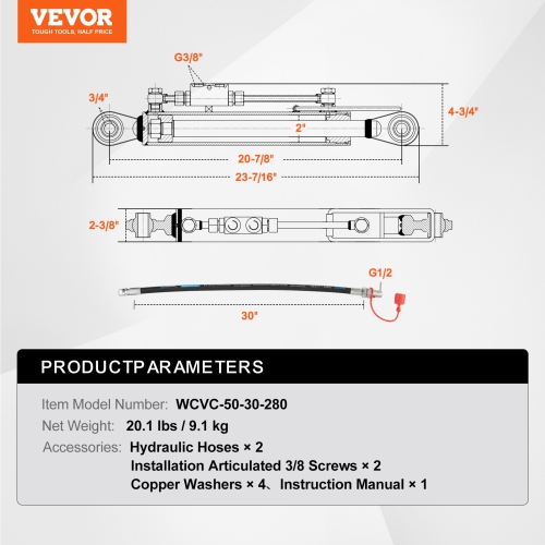 VEVOR Cat.1-1 Hydraulic Top Link, Hydraulic Cylinder with 2 Hoses & G3/8" Check Valve