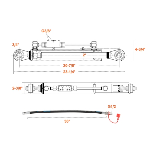 VEVOR Cat.1-1 Hydraulic Top Link, Hydraulic Cylinder with 2 Hoses & G3/8" Check Valve