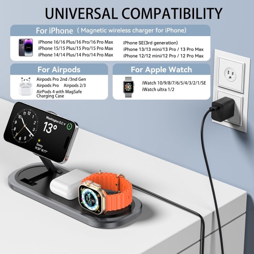3 in 1 Wireless Magsafe Charger for iPhone, Apple Watch, and AirPods - Foldable Charging Station for iPhone 16/15/14/13/12 Series, Apple Watch,