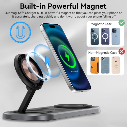 3 in 1 Wireless Magsafe Charger for iPhone, Apple Watch, and AirPods - Foldable Charging Station for iPhone 16/15/14/13/12 Series, Apple Watch,