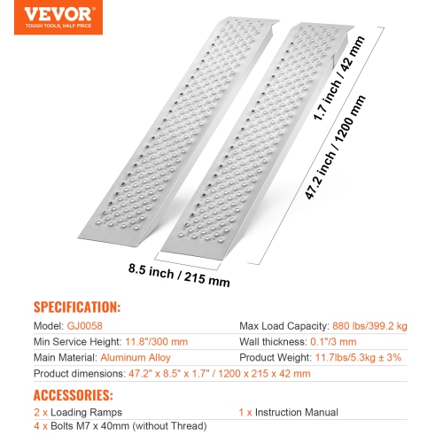 VEVOR 47.2" x 8.5" Aluminum Ramps, 880 LBS Capacity Loading Ramps for Motorcycle/Dirt Bike/Trailer/ATV/UTV/Garden Tractor/Lawn Mower, 2PCS