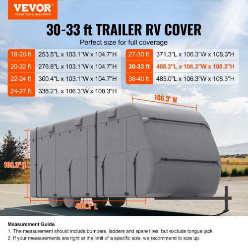 VEVOR 30-33 ft Travel Trailer Cover, RV Cover, 4-Layer Non-Woven Fabric Camper Cover, Waterproof, Windproof and Rip-Stop Class A RV Cover, with