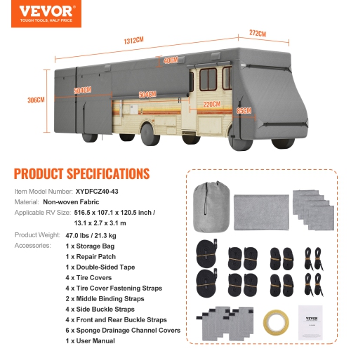 VEVOR 40-43 ft Class A RV Cover, Motorhome Cover, Non-woven Fabric Motorhome RV Cover, Waterproof, Windproof and Rip-Stop, Camper Cover with Storage