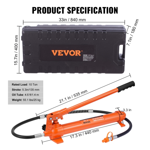 VEVOR 10 Ton Porta Power Kit, Hydraulic Ram with Pump, Car Jack with 4.6 ft/1.4 m Oil Hose, Bent Frame Repair Tool with Storage Case for Automotive,