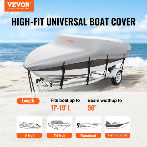 VEVOR 17'-19' Boat Cover, Trailerable Waterproof Boat Cover, 600D Marine Grade PU Oxford, with Motor Cover and Buckle Straps, for V-Hull, Tri-Hull,