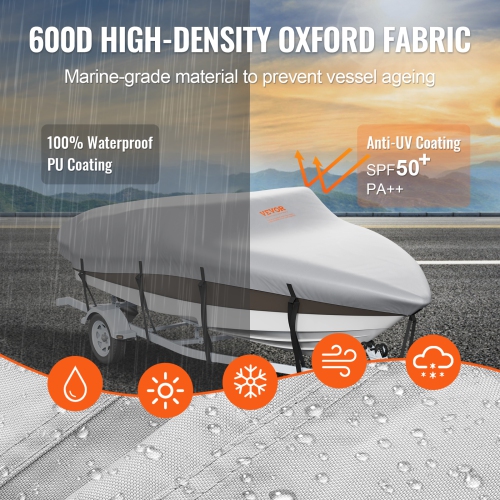 VEVOR 17'-19' Boat Cover, Trailerable Waterproof Boat Cover, 600D Marine Grade PU Oxford, with Motor Cover and Buckle Straps, for V-Hull, Tri-Hull,