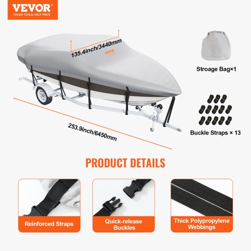 VEVOR 17'-19' Boat Cover, Trailerable Waterproof Boat Cover, 600D Marine Grade PU Oxford, with Motor Cover and Buckle Straps, for V-Hull, Tri-Hull,
