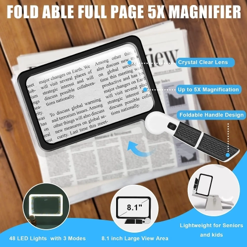 5X Magnifying Glass with Light, Lightweight Full Page Magnifier for Reading, Large Lighted Magnifier, Ideal Gift for Seniors Reading Books, Prints