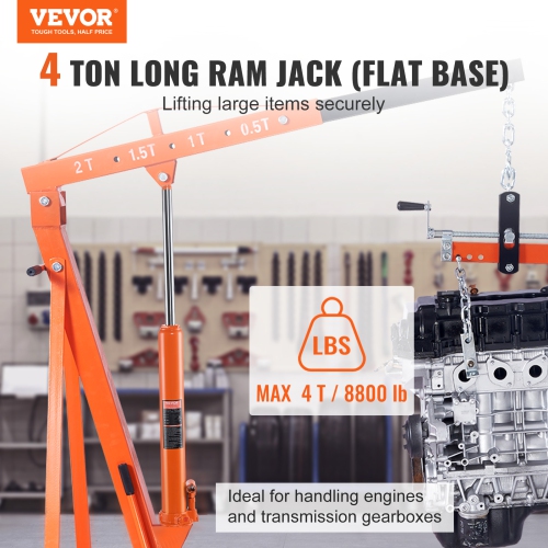 VEVOR Hydraulic Long Ram Jack, 4 Ton Engine Hoist Cylinder with Single Piston Pump And Flat Base, Hydraulic Ram Cylinder for Engine Lift Hoists,