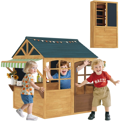 QABA  Outdoor Playhouse for Kids, Large Foldable Wooden Pretend Cottage \w Windows, Blackboards, Snack Bars, Working Door for Toddlers Ages 3-8, 68"l