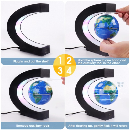 Suspended Globe with Touch Switch and LED Light, Floating World Map, Desk Accessory, Toy for Boys and Girls