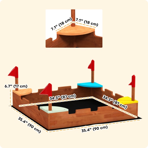 Qaba Kids Wooden Sandbox, Castle-Themed Outdoor Sand Pit with Flags, 4 Colorful Built-in Corner Seating, Ground Liner, Gift for Ages 3-7, Backyard,