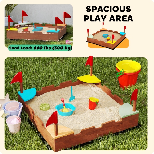 Qaba Kids Wooden Sandbox, Castle-Themed Outdoor Sand Pit with Flags, 4 Colorful Built-in Corner Seating, Ground Liner, Gift for Ages 3-7, Backyard,