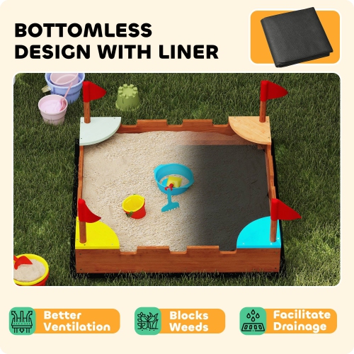 Qaba Kids Wooden Sandbox, Castle-Themed Outdoor Sand Pit with Flags, 4 Colorful Built-in Corner Seating, Ground Liner, Gift for Ages 3-7, Backyard,