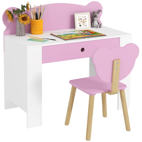 Qaba Kids Desk and Chair Set, Study Table and Chair with Storage Drawer for Drawing, Reading, Writing, Bear Theme Children Activity Table Set for
