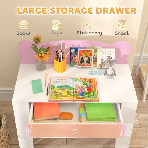 Qaba Kids Desk and Chair Set, Study Table and Chair with Storage Drawer for Drawing, Reading, Writing, Bear Theme Children Activity Table Set for