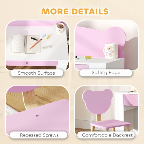 Qaba Kids Desk and Chair Set, Study Table and Chair with Storage Drawer for Drawing, Reading, Writing, Bear Theme Children Activity Table Set for