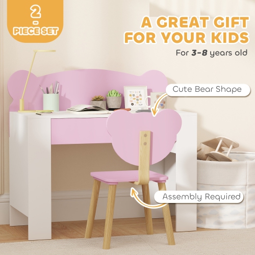 Qaba Kids Desk and Chair Set, Study Table and Chair with Storage Drawer for Drawing, Reading, Writing, Bear Theme Children Activity Table Set for