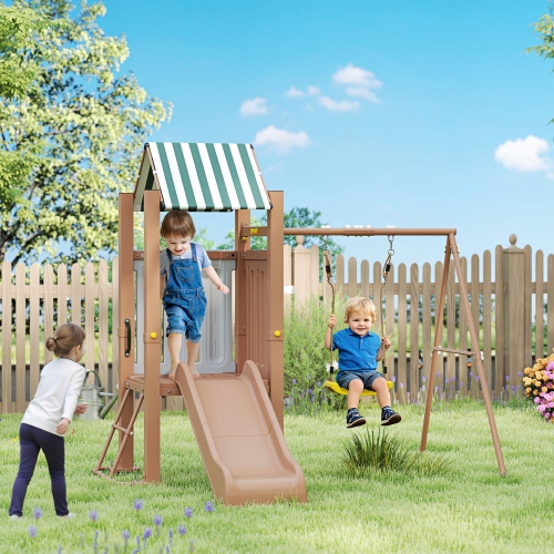 Qaba 4-in-1 Kids Swing Set with Slide, Heavy-Duty Metal Swing Set with Covered Fort, Climbing Ladder, Ground Stakes, Outdoor Play Structure for