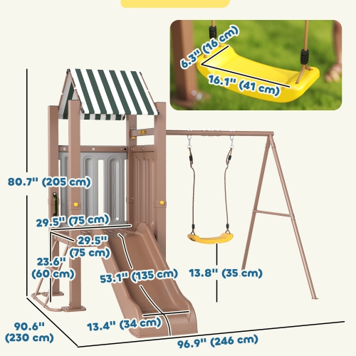 Qaba 4-in-1 Kids Swing Set with Slide, Heavy-Duty Metal Swing Set with Covered Fort, Climbing Ladder, Ground Stakes, Outdoor Play Structure for
