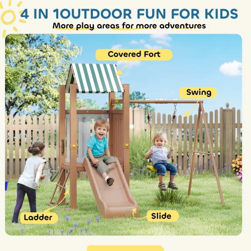 Qaba 4-in-1 Kids Swing Set with Slide, Heavy-Duty Metal Swing Set with Covered Fort, Climbing Ladder, Ground Stakes, Outdoor Play Structure for