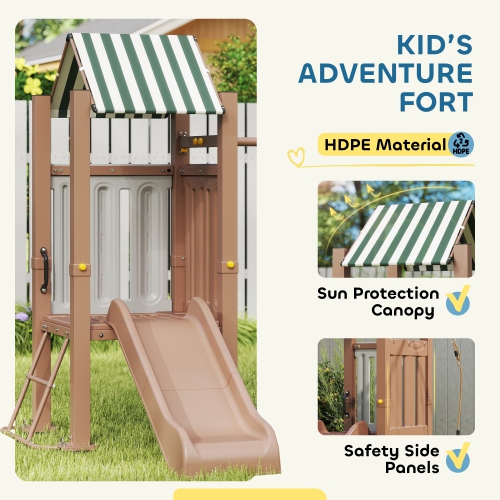 Qaba 4-in-1 Kids Swing Set with Slide, Heavy-Duty Metal Swing Set with Covered Fort, Climbing Ladder, Ground Stakes, Outdoor Play Structure for