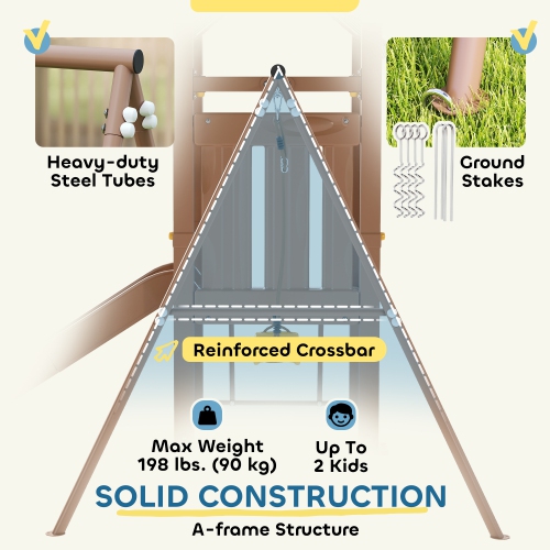 Qaba 4-in-1 Kids Swing Set with Slide, Heavy-Duty Metal Swing Set with Covered Fort, Climbing Ladder, Ground Stakes, Outdoor Play Structure for