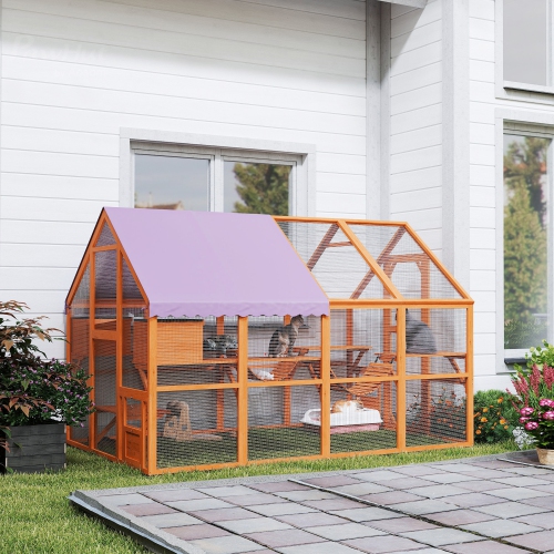 PawHut – Armoire pour chats d'extérieur Catio, maison en bois avec auvent imperméable, ponts, boîtes de repos, plateformes, pour 3-6 chats, Orange