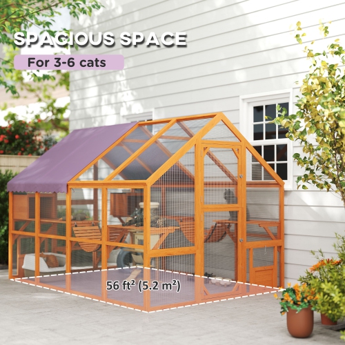 PawHut – Armoire pour chats d'extérieur Catio, maison en bois avec auvent imperméable, ponts, boîtes de repos, plateformes, pour 3-6 chats, Orange