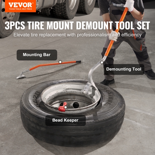 VEVOR 22.5"-24.5" Tire Mount Demount Tool, Manual Steel Tire Changer Mount Demount Removal Tool, Tubeless Truck Bead Breaker, 3 PCS Tire Tools, Orange