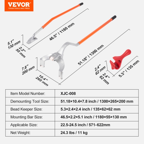 VEVOR 22.5"-24.5" Tire Mount Demount Tool, Manual Steel Tire Changer Mount Demount Removal Tool, Tubeless Truck Bead Breaker, 3 PCS Tire Tools, Orange