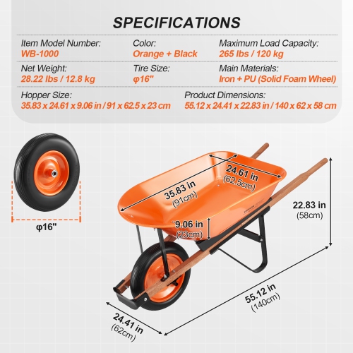 VEVOR 5 Cu. Ft. Load Wheelbarrow Cart, 330 lbs Capacity, One Wheel Garden Dump Cart, Garden Wagon with Metal Handle & 16" Wide Track Wheels,Easy
