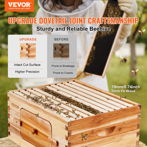 VEVOR 100% Bee Hive Deep Box Starter Kit, Beeswax Coated Natural Cedar Wood, Langstroth Beehive Kit with 10 Frames and Foundations, Transparent