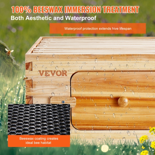 VEVOR 100% Bee Hive Deep Box Starter Kit, Beeswax Coated Natural Cedar Wood, Langstroth Beehive Kit with 10 Frames and Foundations, Transparent