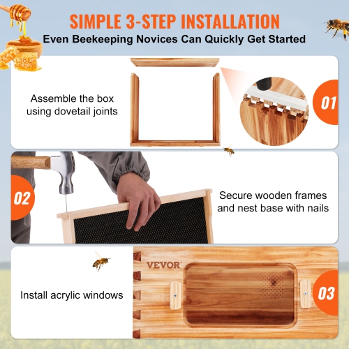 VEVOR 100% Bee Hive Deep Box Starter Kit, Beeswax Coated Natural Cedar Wood, Langstroth Beehive Kit with 10 Frames and Foundations, Transparent