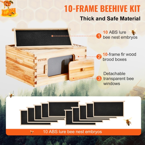 VEVOR 100% Bee Hive Deep Box Starter Kit, Beeswax Coated Natural Cedar Wood, Langstroth Beehive Kit with 10 Frames and Foundations, Transparent