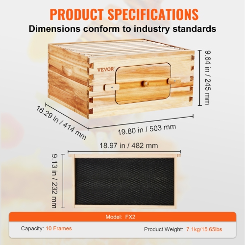 VEVOR 100% Bee Hive Deep Box Starter Kit, Beeswax Coated Natural Cedar Wood, Langstroth Beehive Kit with 10 Frames and Foundations, Transparent