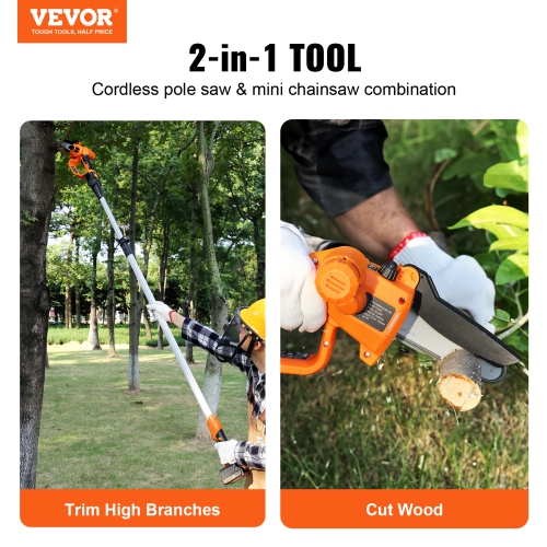 VEVOR 2-in-1 Cordless Pole Saw & Mini Chainsaw, 20V 4Ah Battery Pole Chainsaw, 5" Cutting Capacity 8 ft Reach Pole Saw for Branch Cutting Tree